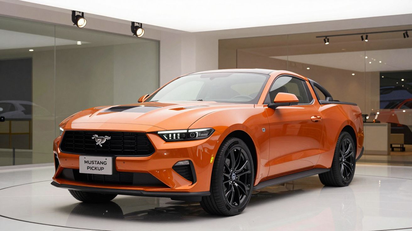 Orange Mustang pickup concept car on display in a showroom with modern lighting.