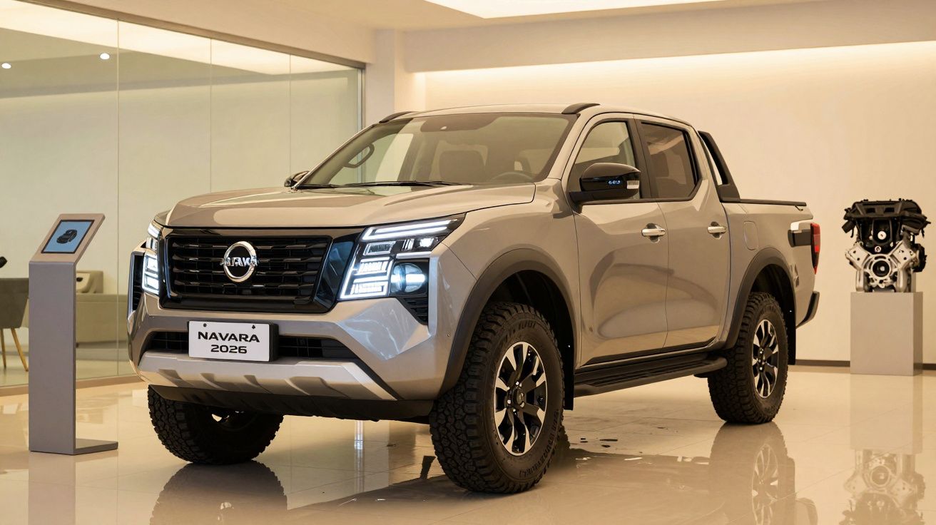Silver Nissan Navara 2025 pickup truck displayed in a showroom with polished floors and a modern engine on a stand nearby.