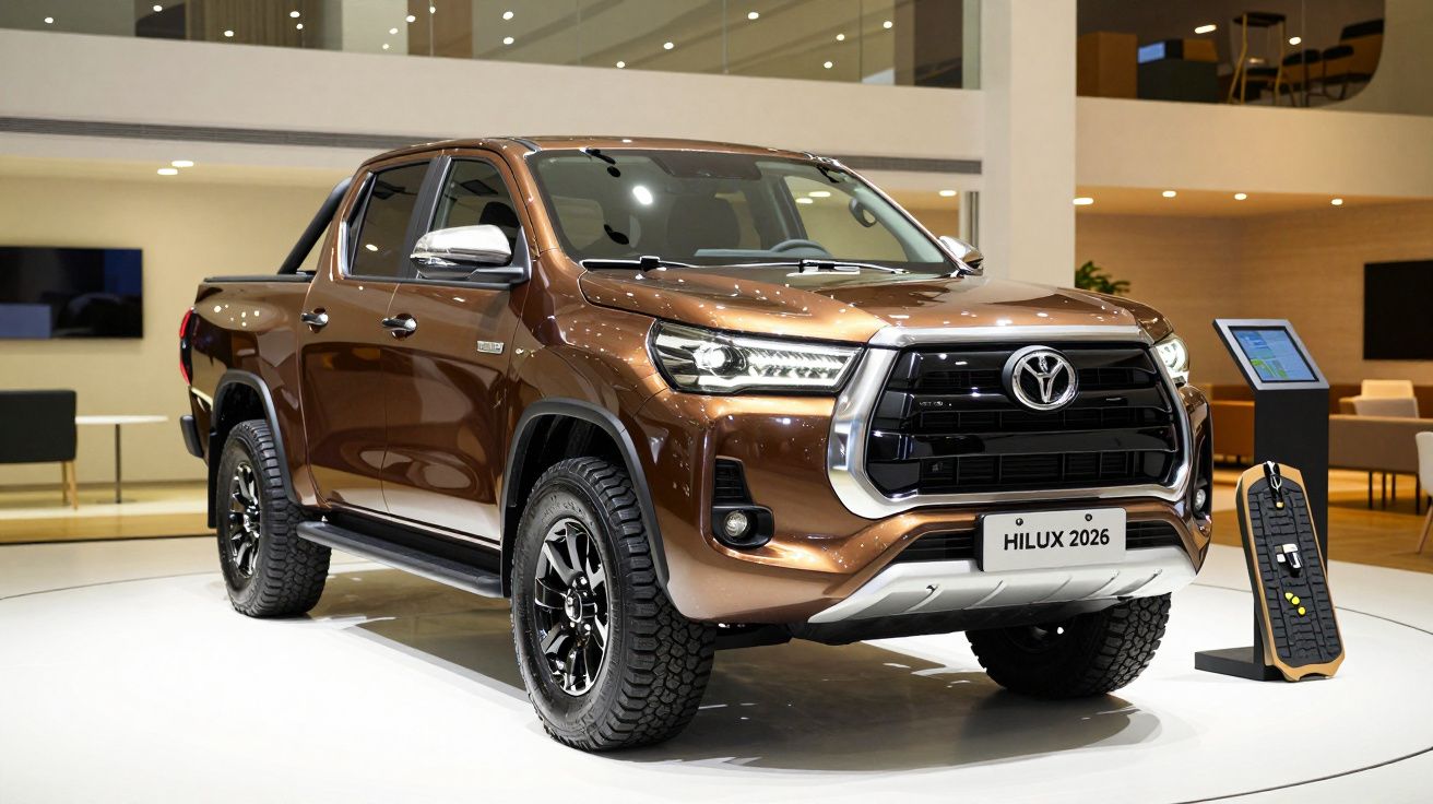 Brown Toyota Hilux 2026 pickup truck displayed indoors with modern lighting and chrome accents.