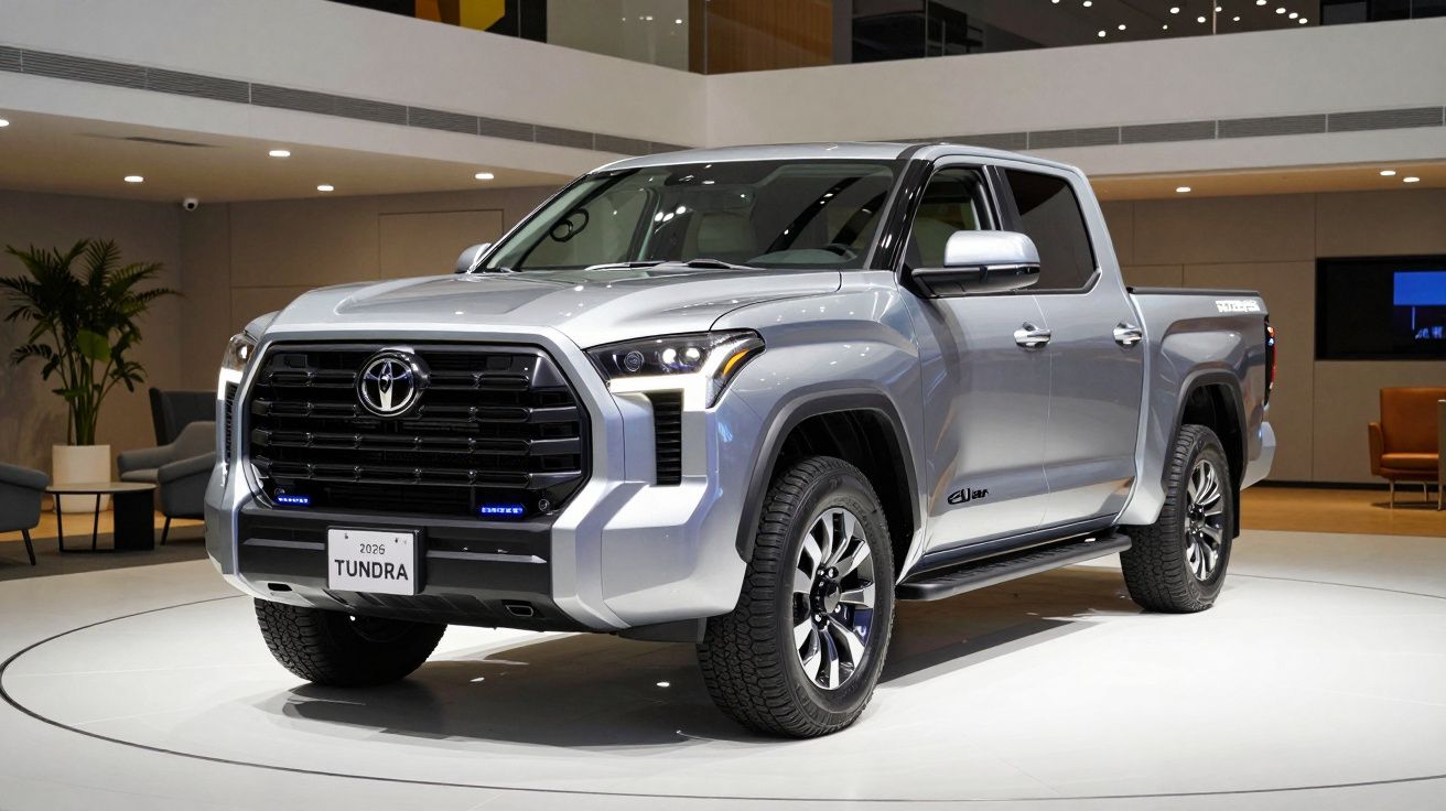 Silver Toyota Tundra pickup truck on display in a showroom with modern interior design.