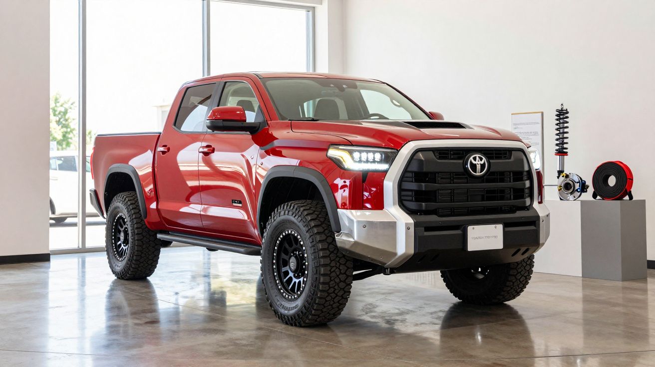 Red Toyota pickup truck on display in a showroom, with large wheels and a sleek design.