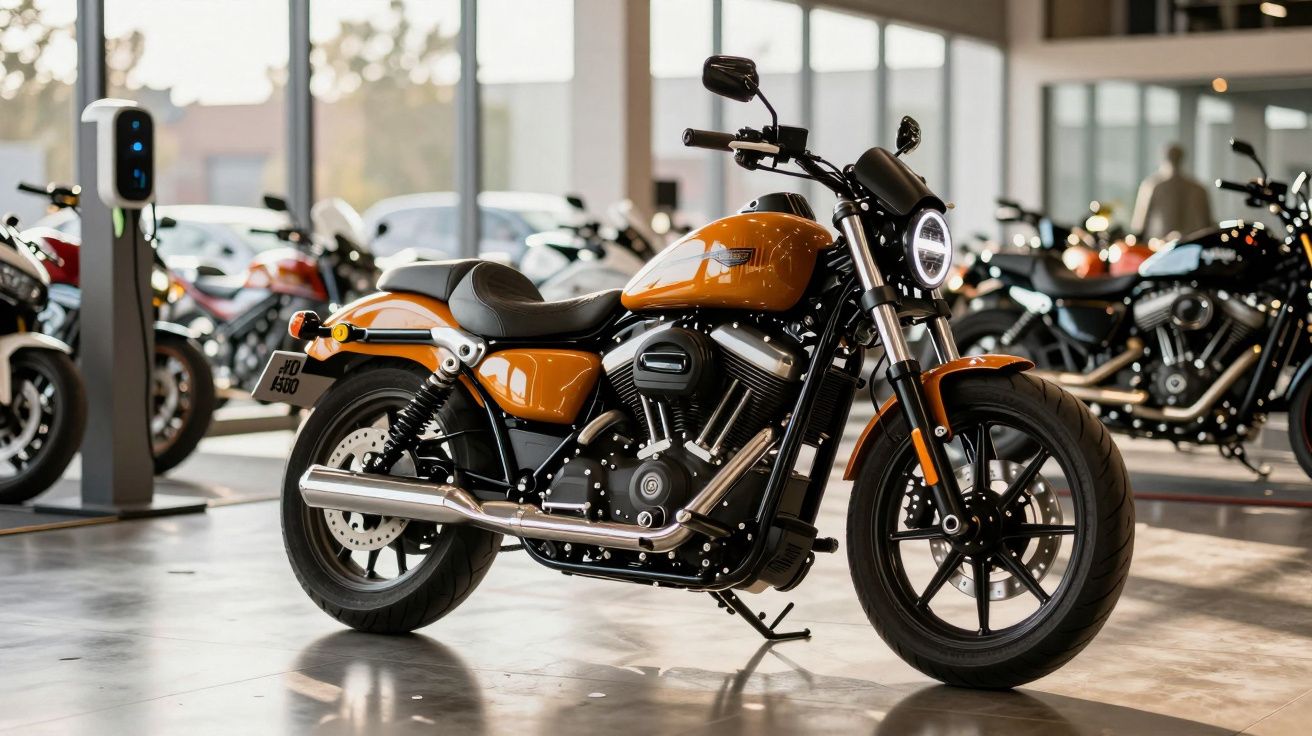 Orange motorcycle displayed in a showroom with other bikes in the background.