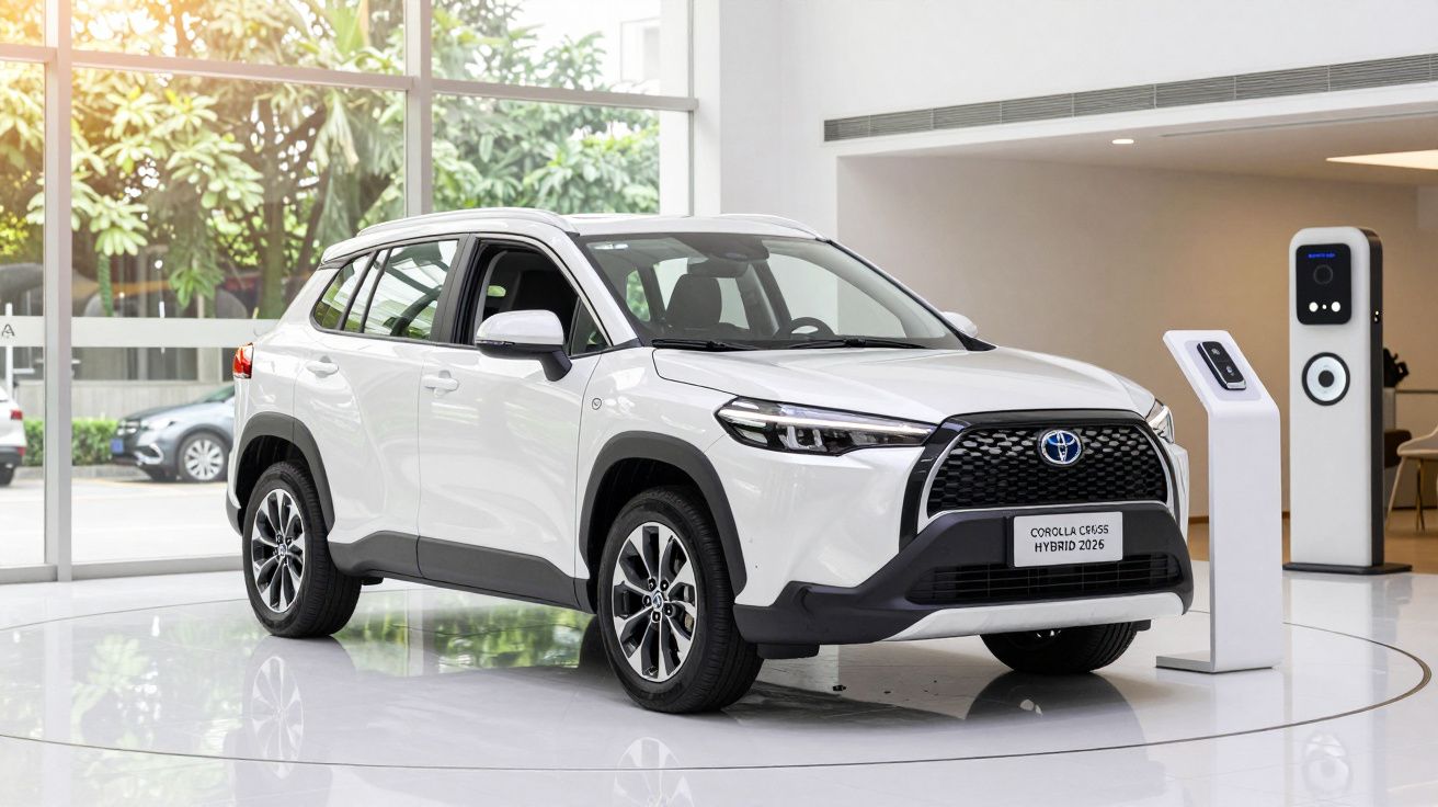 White 2026 Toyota Corolla Cross Hybrid displayed in a modern showroom with a charging station.