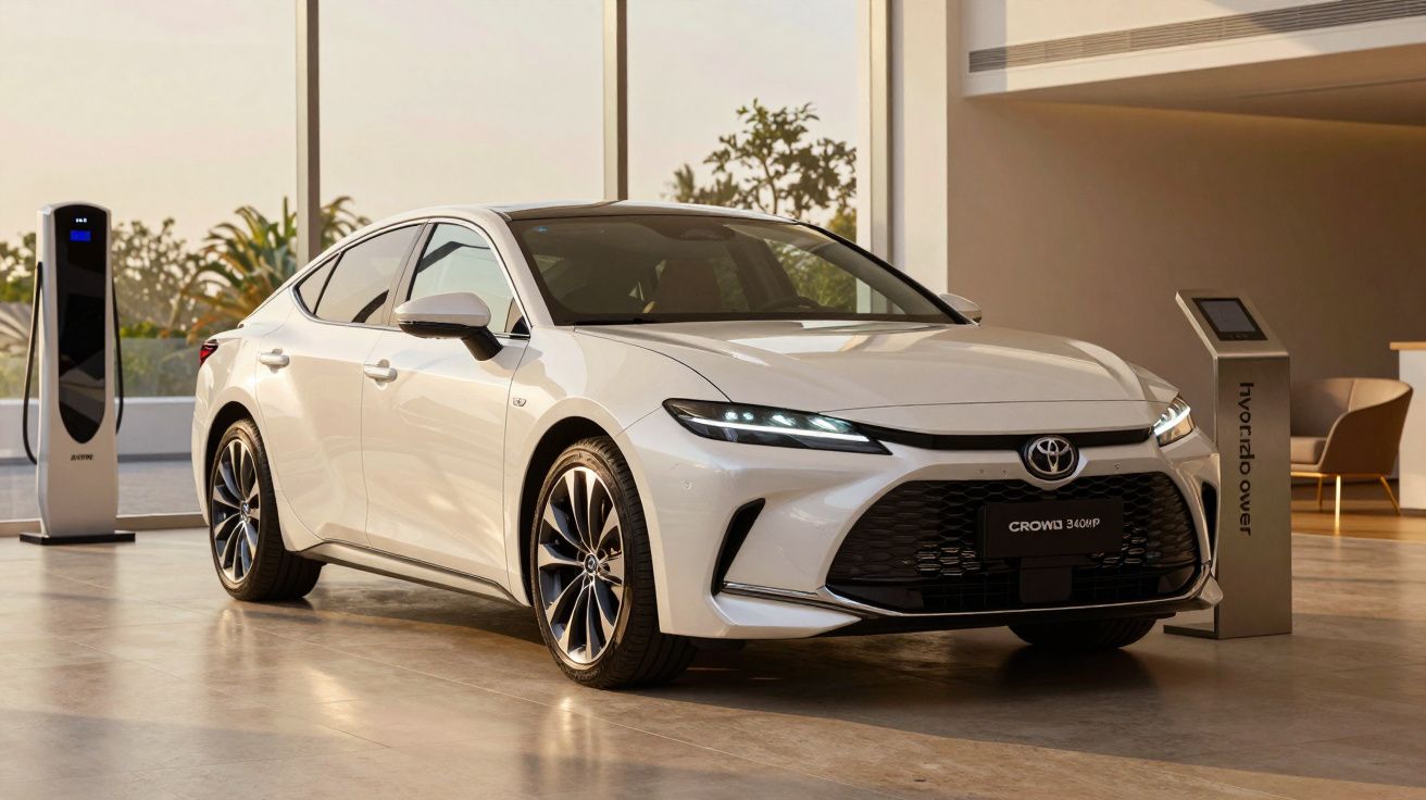 White Toyota sedan displayed indoors with modern charging station nearby.