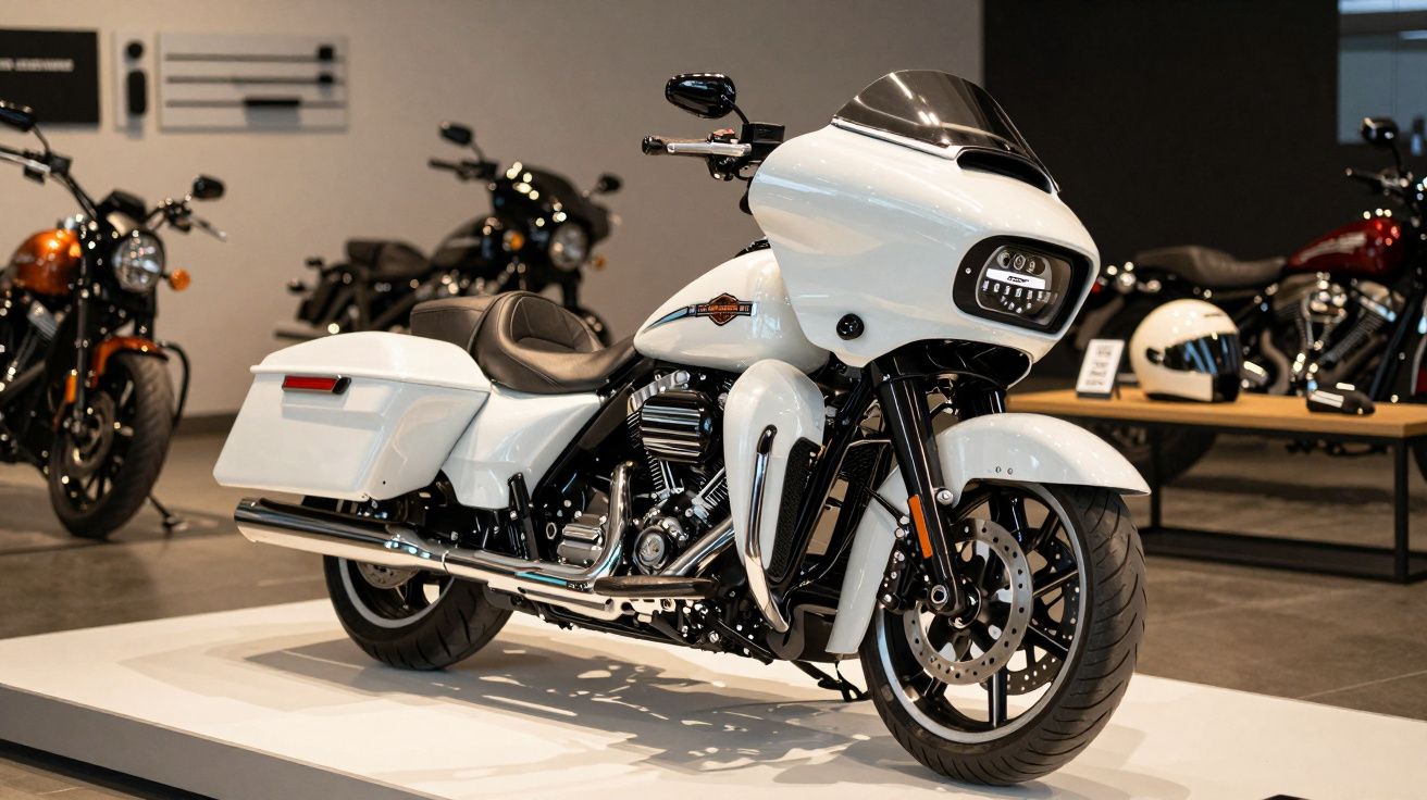 A white touring motorcycle with chrome accents on display in a showroom with other motorcycles in the background.
