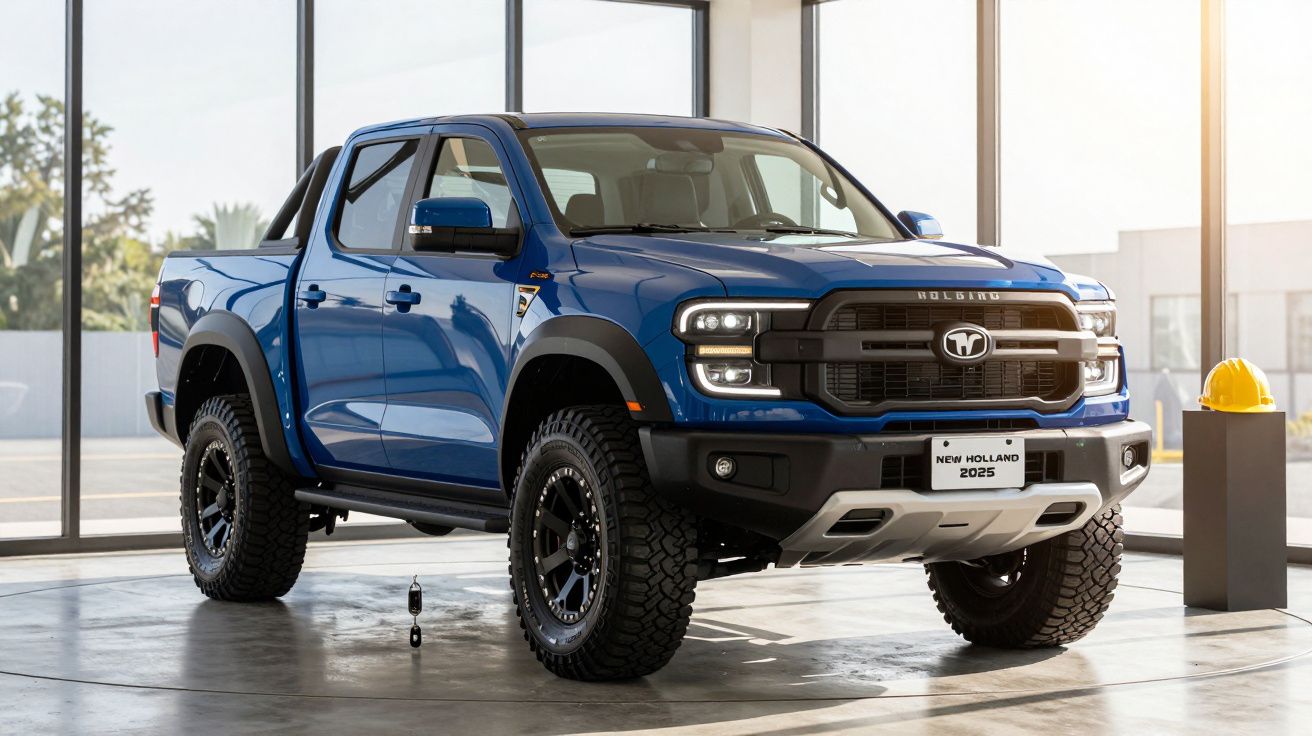 Blue pickup truck in showroom with large tires, New Holland 2025 displayed on front license plate.