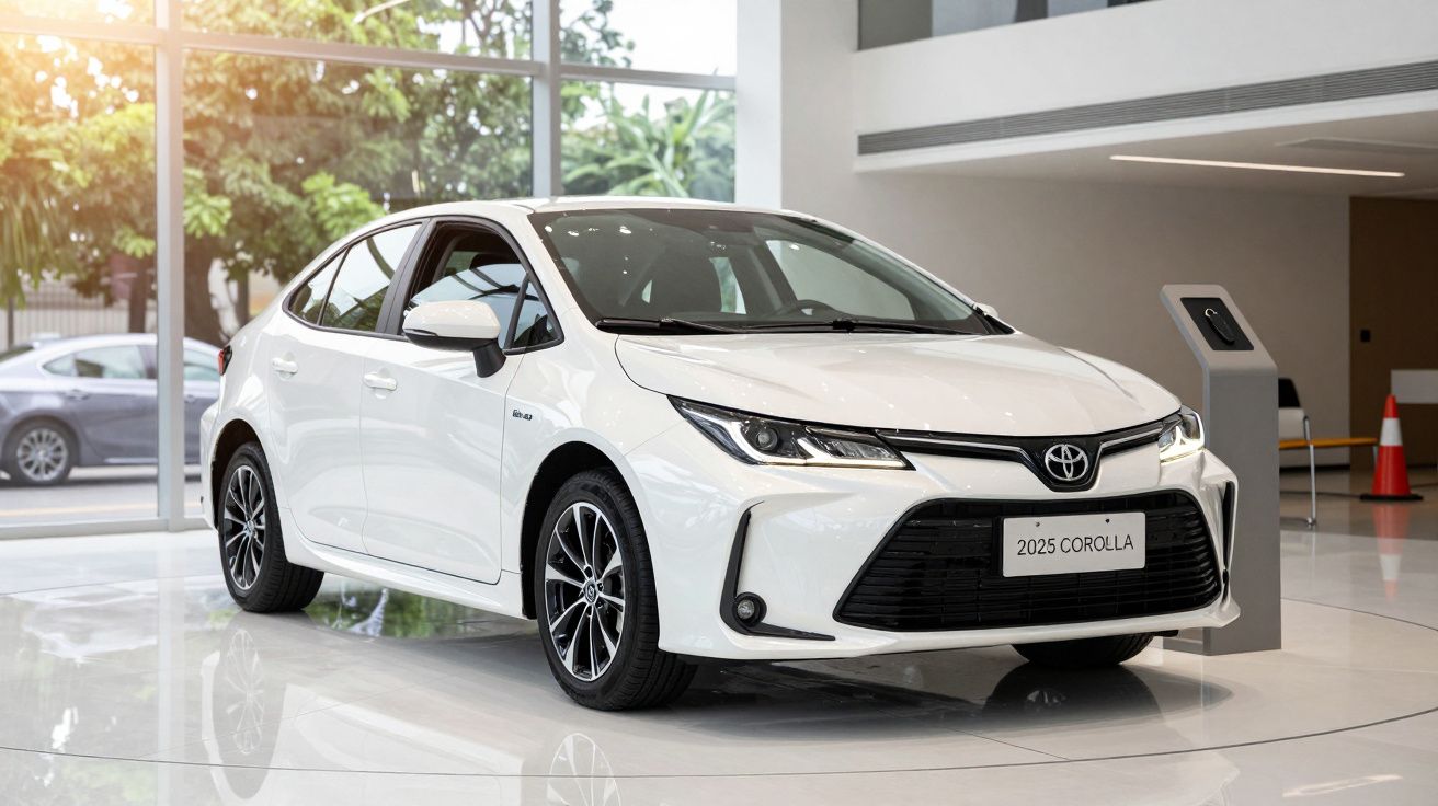 White 2025 Toyota Corolla displayed in a modern showroom with glass walls and greenery outside.