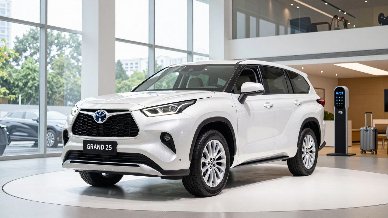 White SUV displayed indoors, facing left, with large windows in the background and a sign reading "Grand 25".
