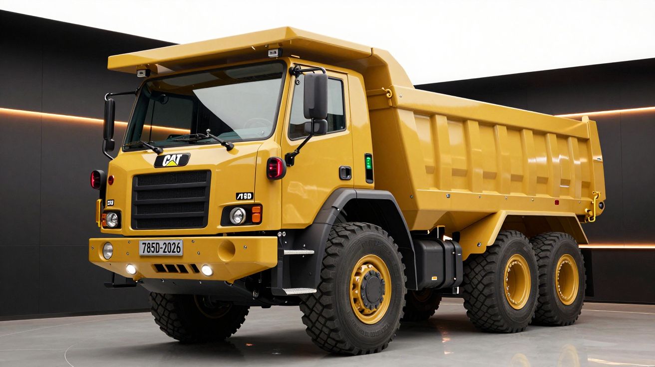 Yellow CAT dump truck parked indoors, front and side view.
