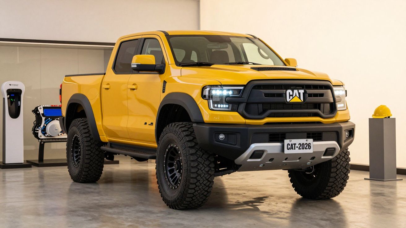 Yellow pickup truck in showroom with off-road tires, front view, electric charging station and hardhat nearby.