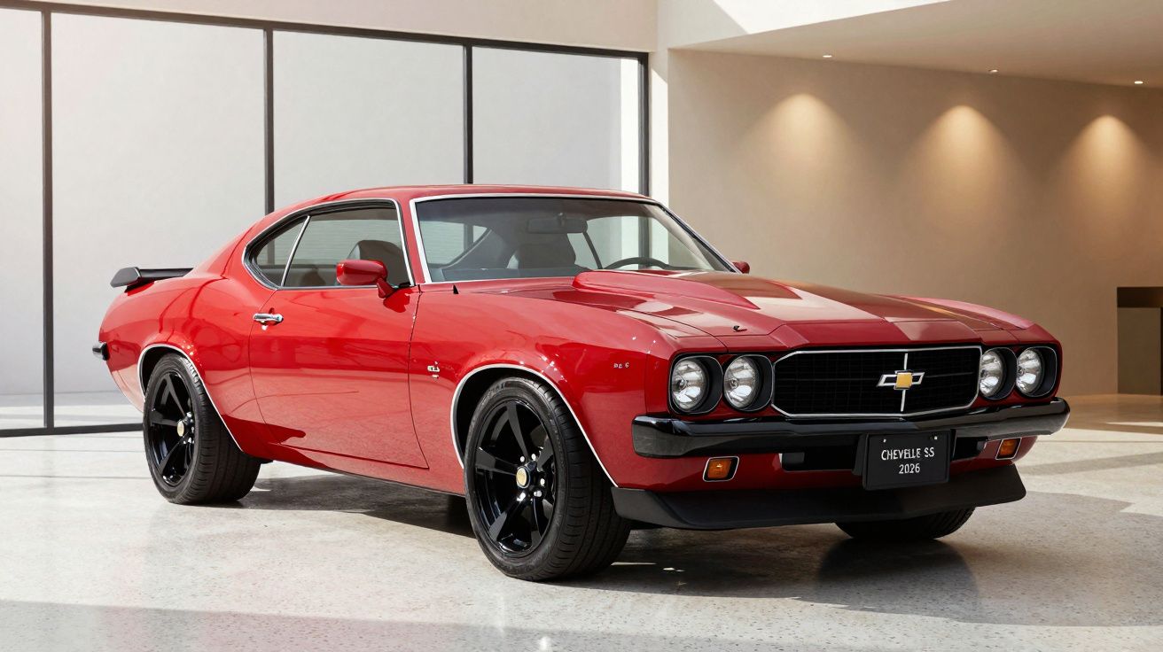 Red classic muscle car with black wheels in a modern showroom setting.