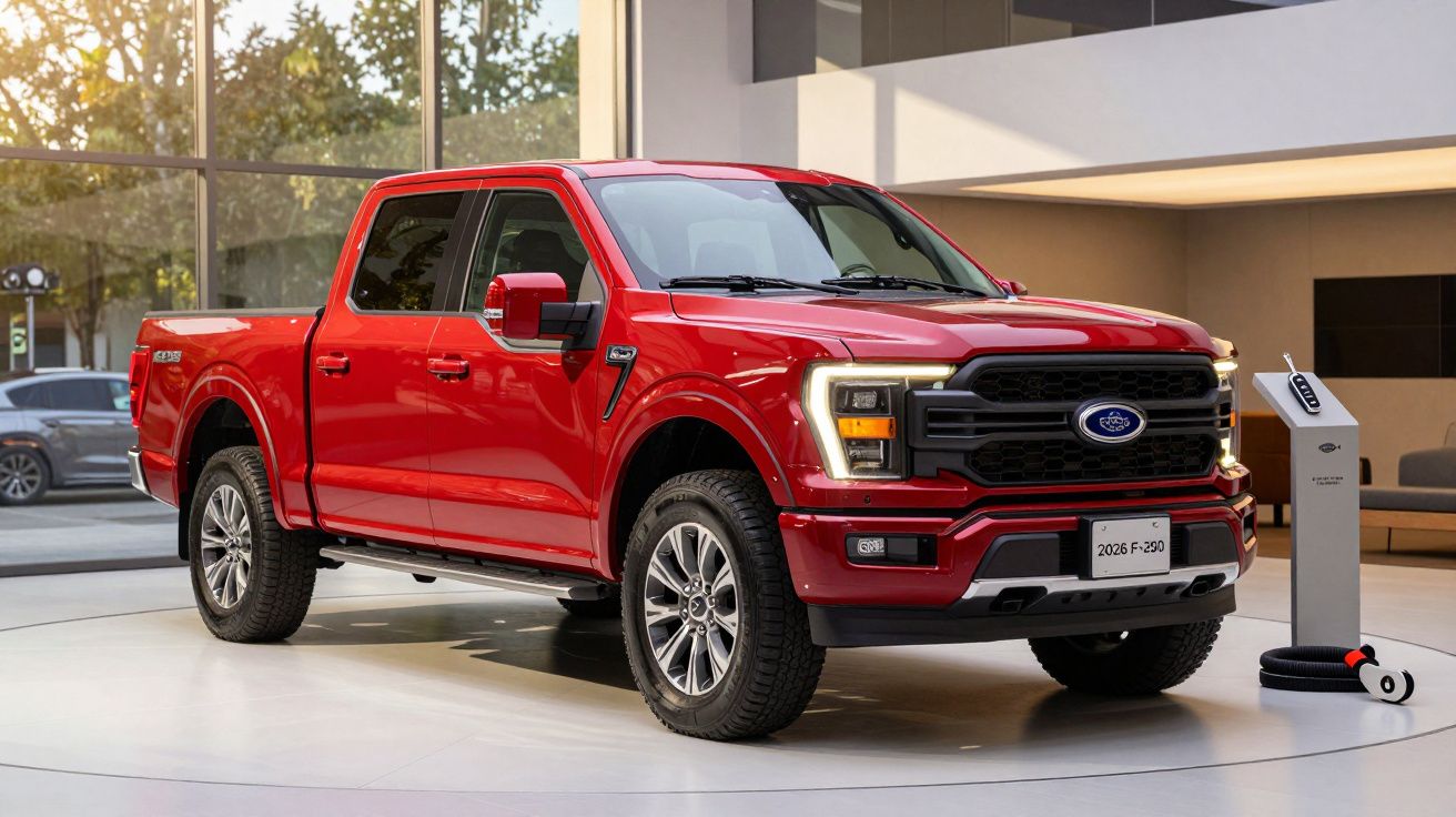 Red Ford F-150 pickup truck parked indoors with sleek modern design elements visible in the background.
