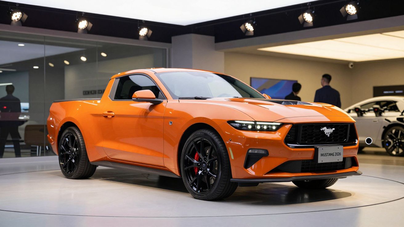 Orange Mustang truck on display in a showroom with bright overhead lights.