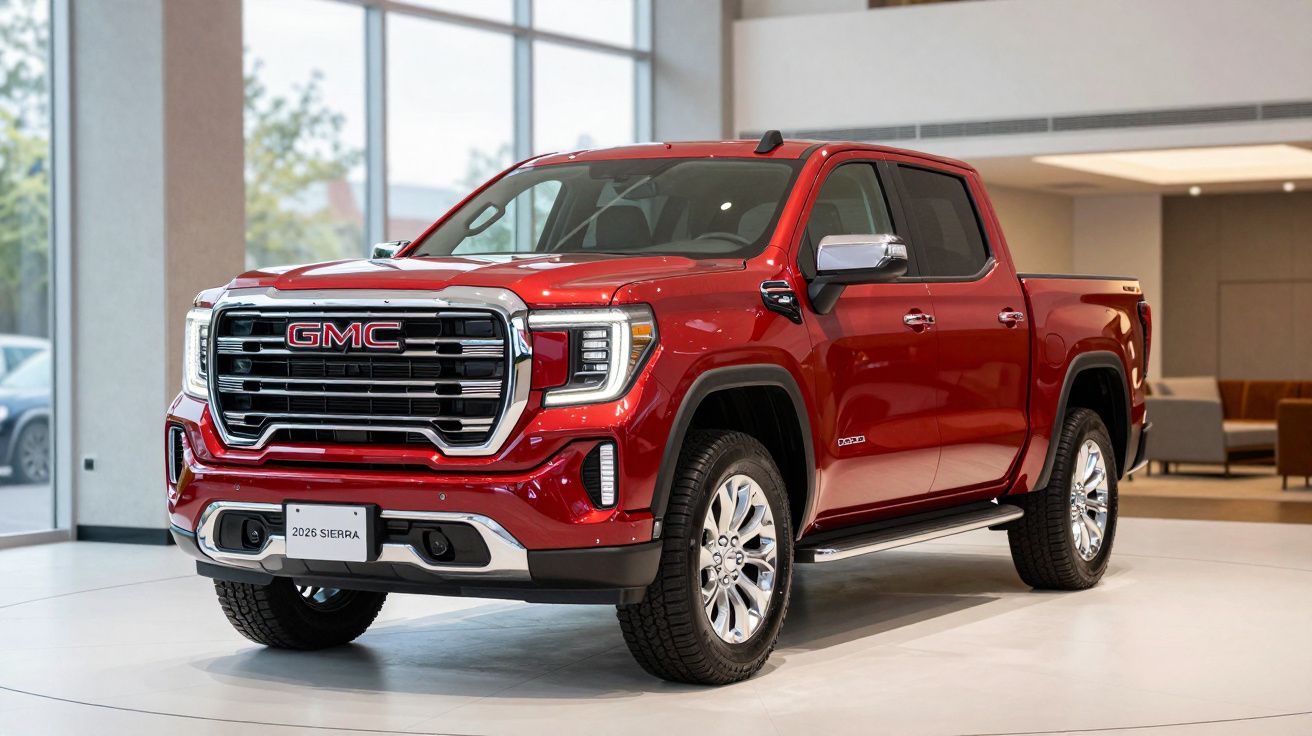 Red 2025 GMC Sierra pickup truck parked indoors, showcasing its sleek design and large front grille.