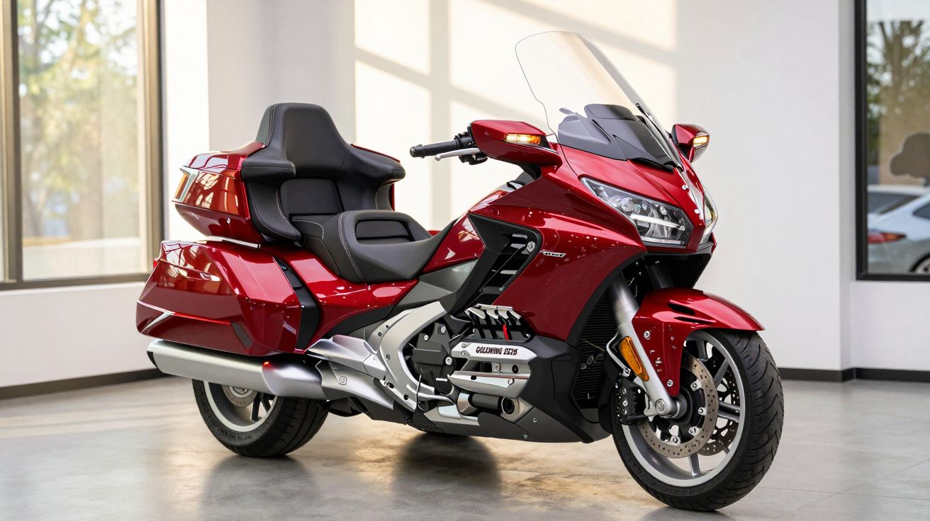 Red touring motorcycle with windshield and side mirrors parked indoors, lit by natural light through large windows.