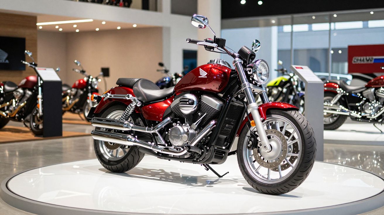 Red motorcycle on display in a showroom with other bikes in the background.