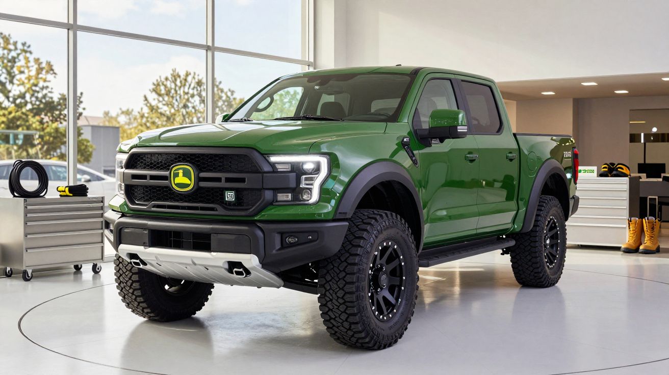 Green pickup truck in a showroom, showcasing rugged tires and a distinctive front grille design.