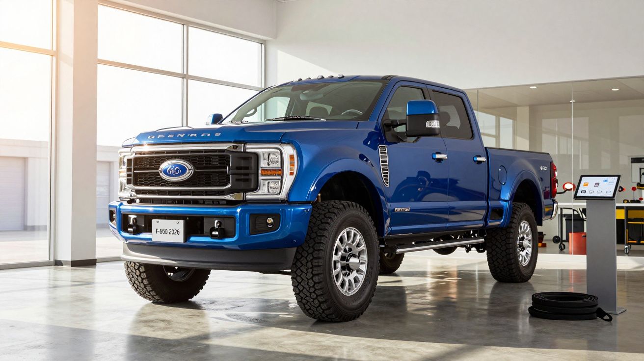 Blue Ford F-250 pickup truck in a showroom with large windows and vehicle service equipment in the background.