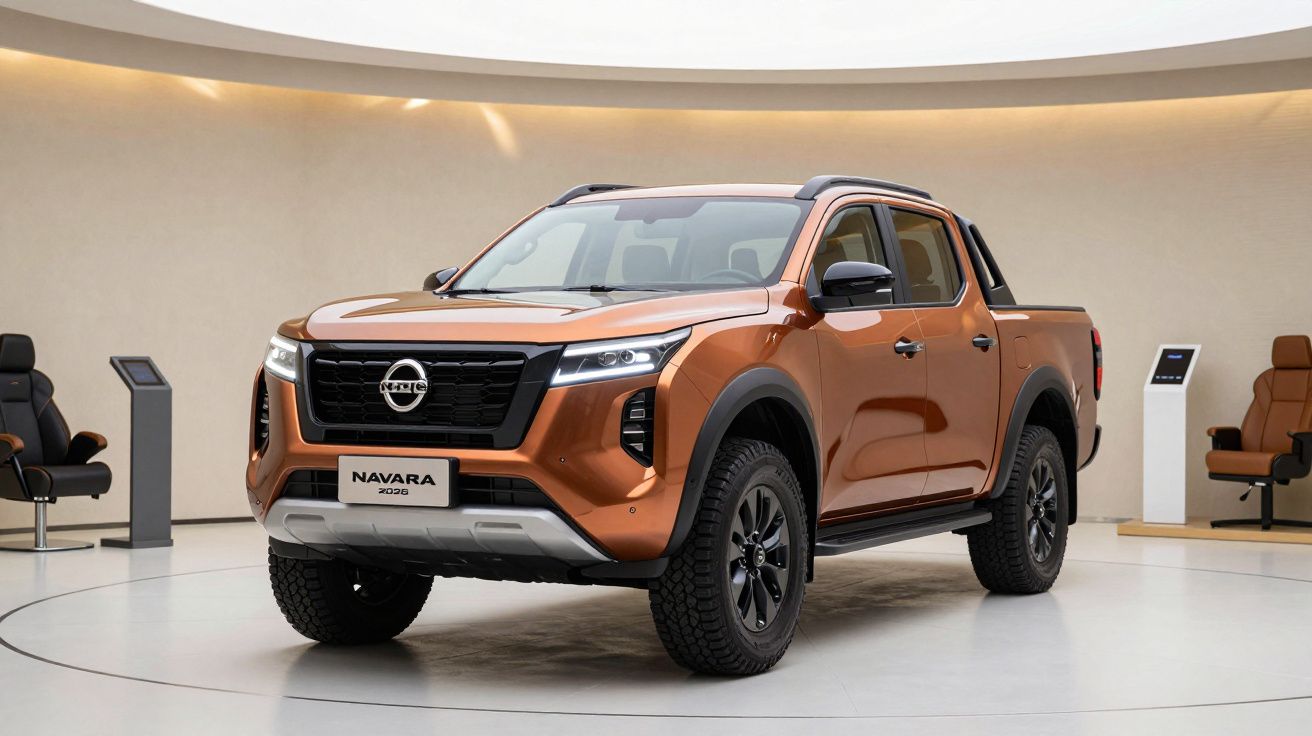 Orange Nissan Navara pickup truck displayed in a modern showroom with a circular ceiling and minimal decor.