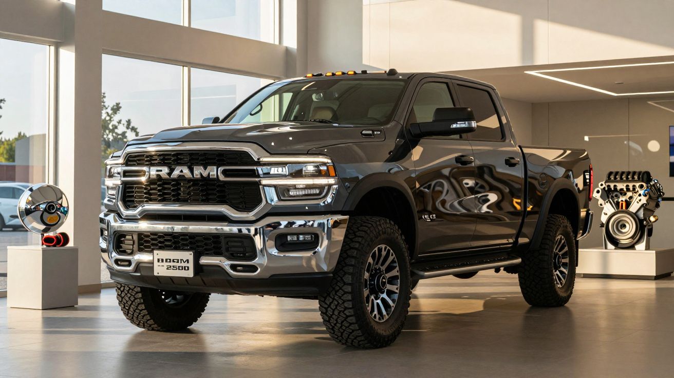 Gray Ram 2500 truck with polished chrome accents displayed in a modern showroom with large windows.