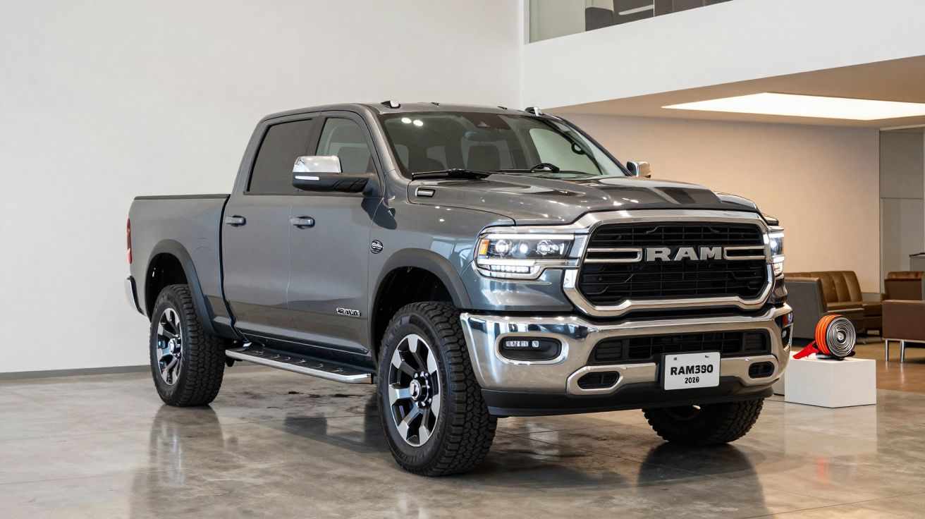 Gray pickup truck displayed in a modern showroom with polished floors and minimalistic decor.