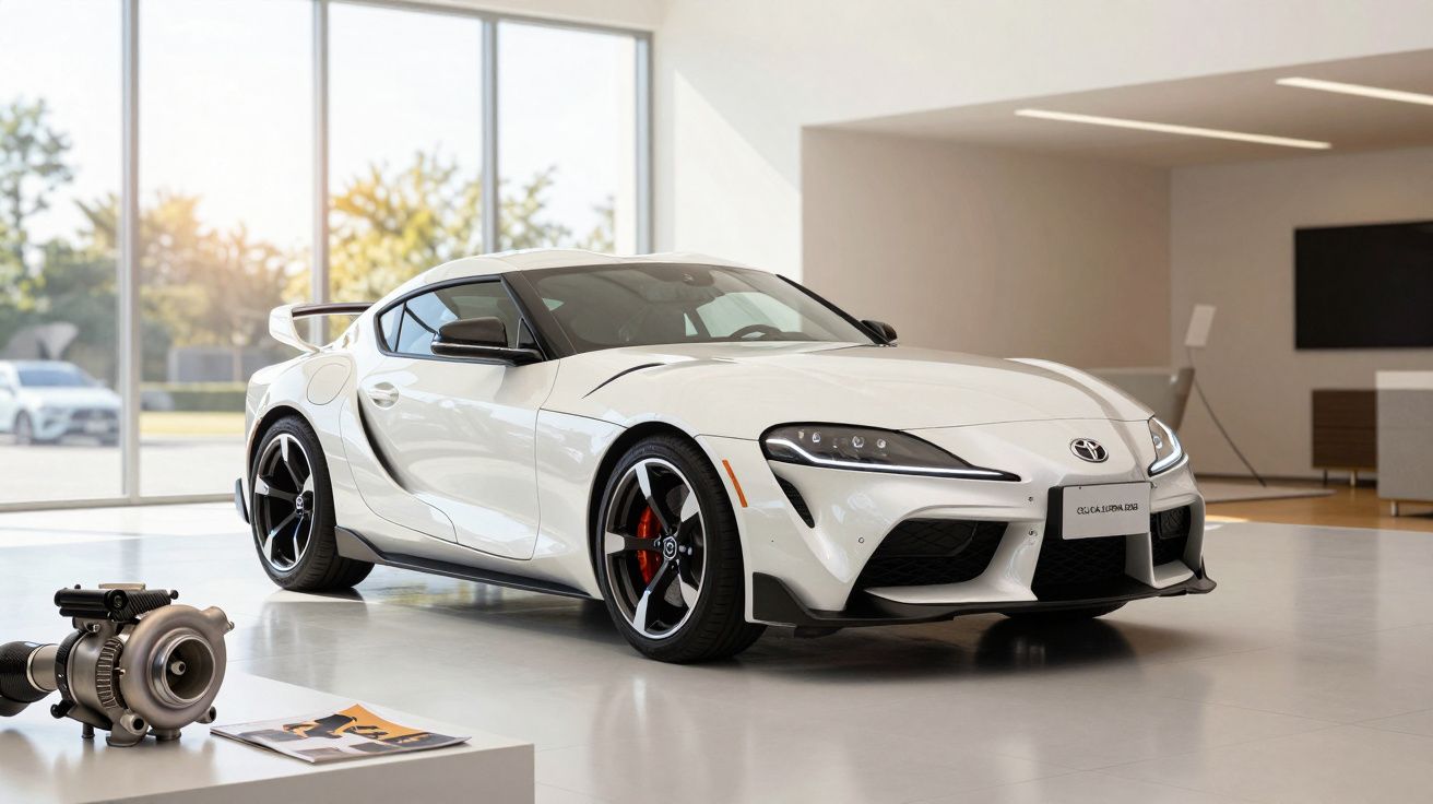 White sports car displayed in a bright showroom with large windows and sleek furniture.