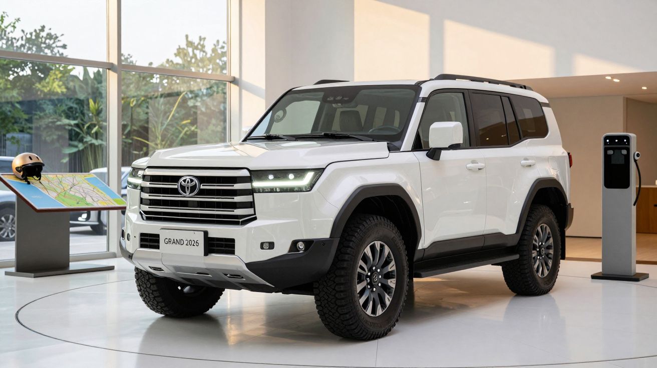 White SUV displayed in a modern showroom with glass windows, nearby map stand, and charging station.