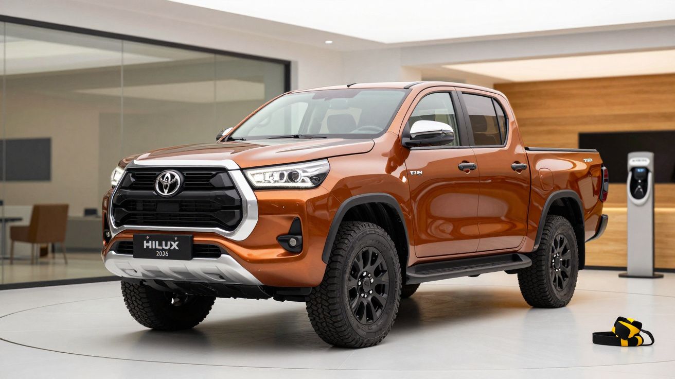 Orange pickup truck displayed indoors with a charging station nearby.
