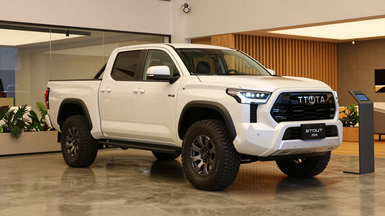 White pickup truck with black grille and modern headlights parked indoors on a polished concrete floor.