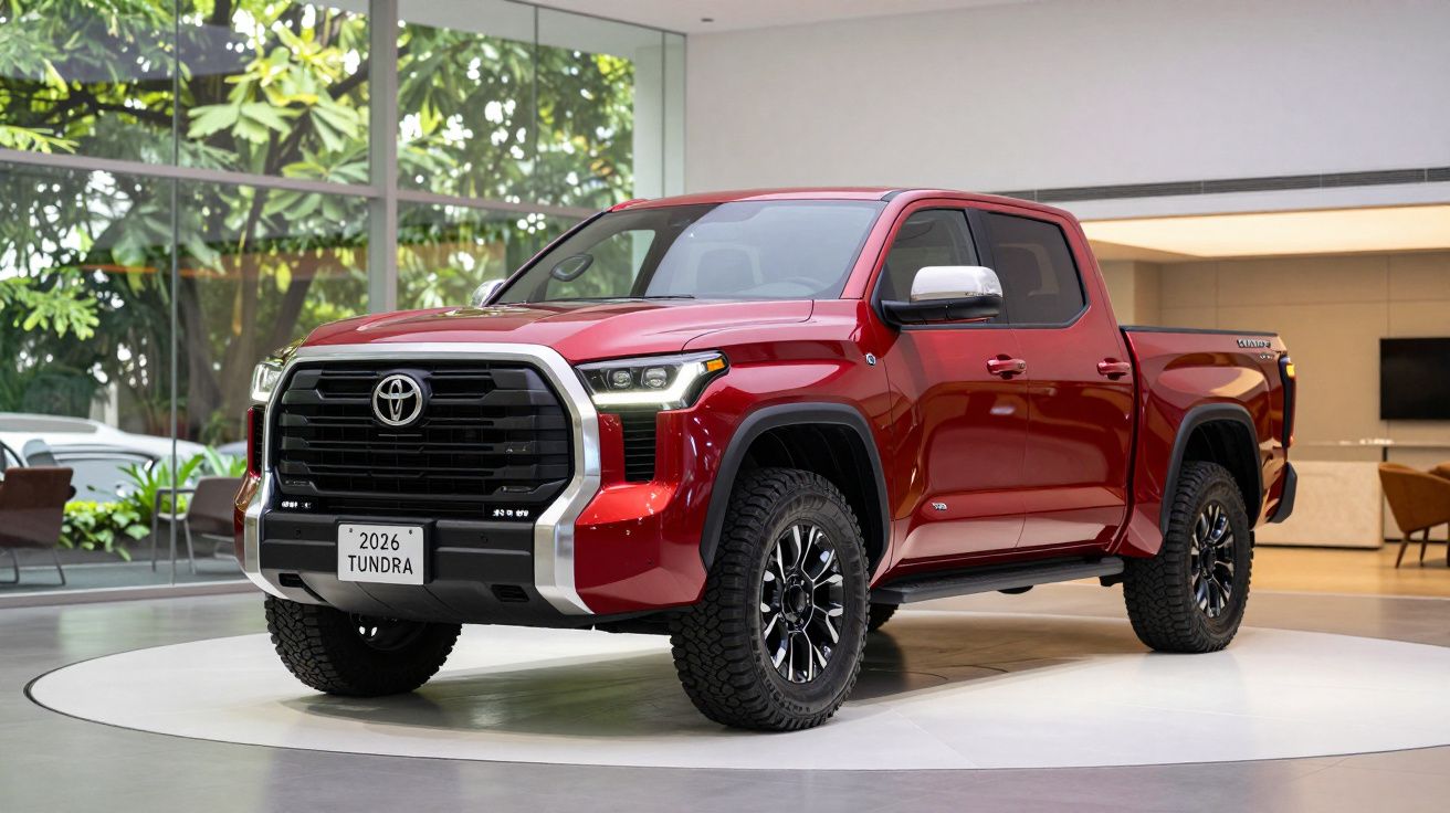 Red 2026 Toyota Tundra pickup truck displayed indoors with large windows and greenery.