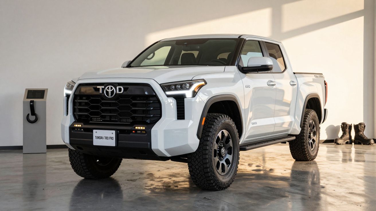 White Toyota Tundra TRD Pro truck parked indoors on a polished concrete floor.
