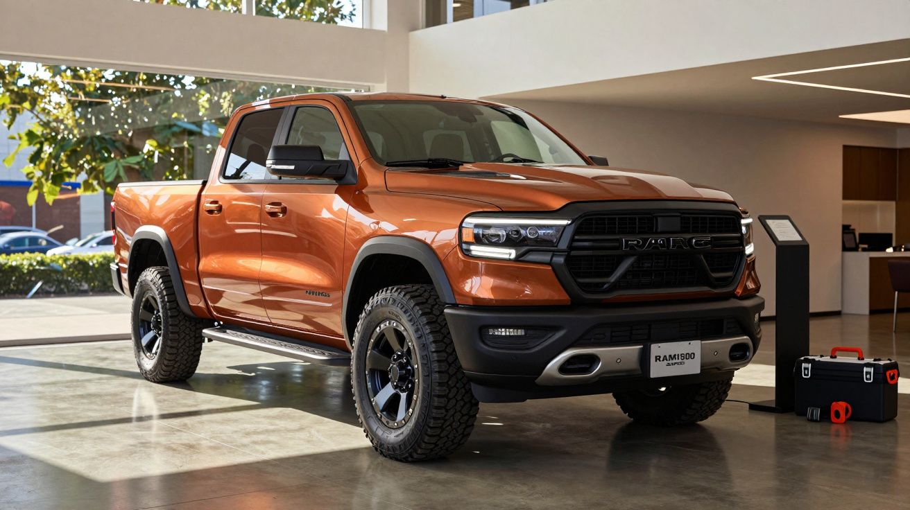 Orange pickup truck displayed indoors with large windows and greenery visible outside.
