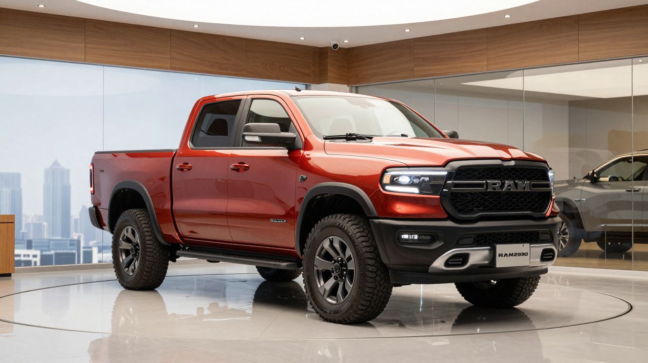 Red RAM 2500 pickup truck displayed in a modern showroom with wood accents and cityscape reflections.