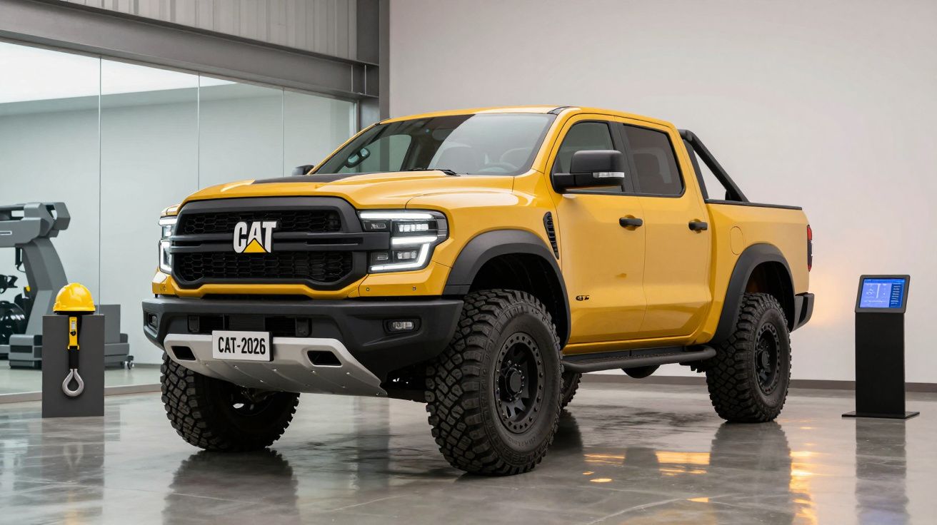 Yellow pickup truck in a showroom with off-road tires and "CAT" logo on grille.