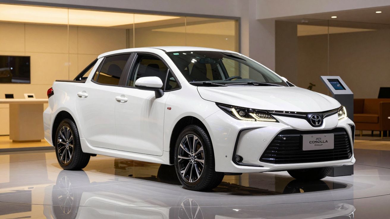 White Toyota Corolla sedan displayed in a modern showroom with sleek design and distinctive grille.