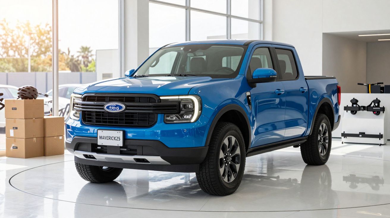 Blue Ford Maverick pickup truck displayed in a showroom with large windows and boxes in the background.