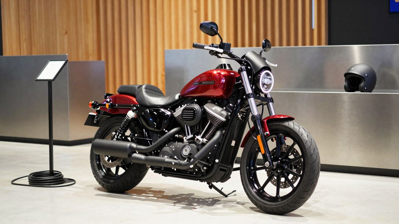 Red motorcycle on display in showroom with wooden panel background and a black helmet on a counter.