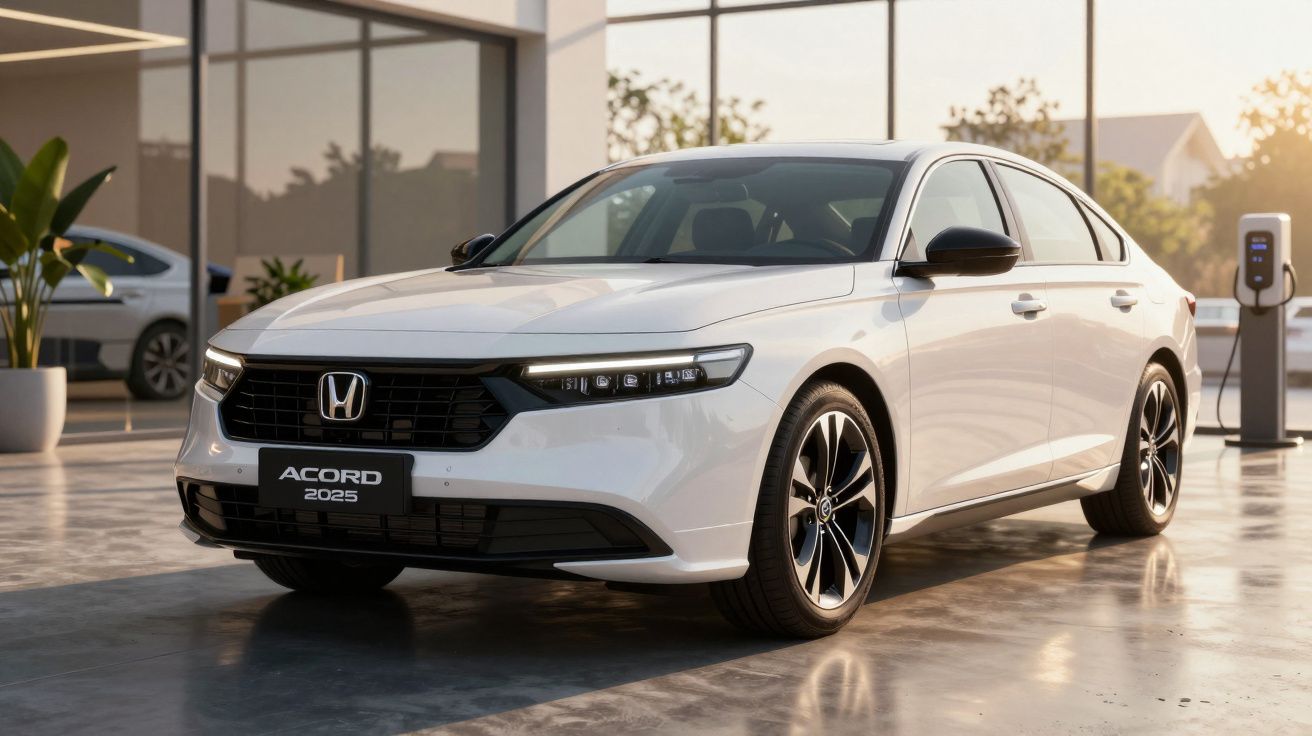 White Honda Accord 2025 parked in a sunlit showroom with large windows and green plants nearby.