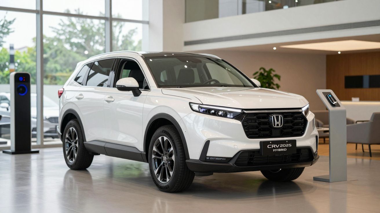 White 2025 Honda CR-V Hybrid SUV displayed in a modern showroom with large windows.