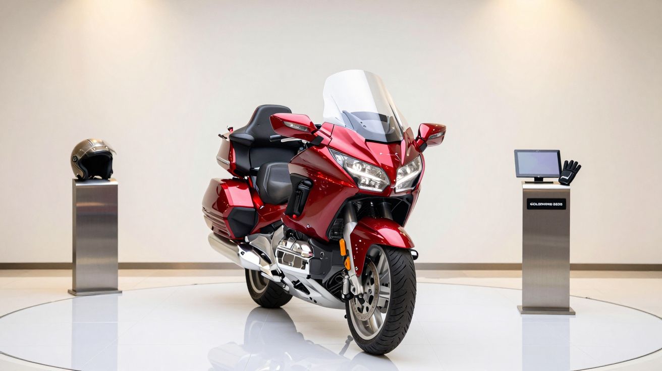Red touring motorcycle displayed between a helmet and a digital screen on pedestals in a showroom.