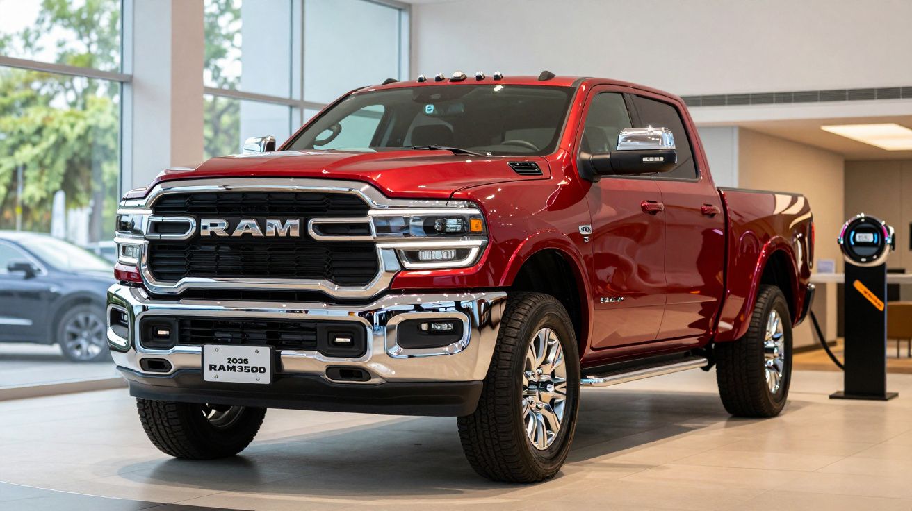 Red 2025 RAM 3500 truck displayed in a showroom with large windows in the background.