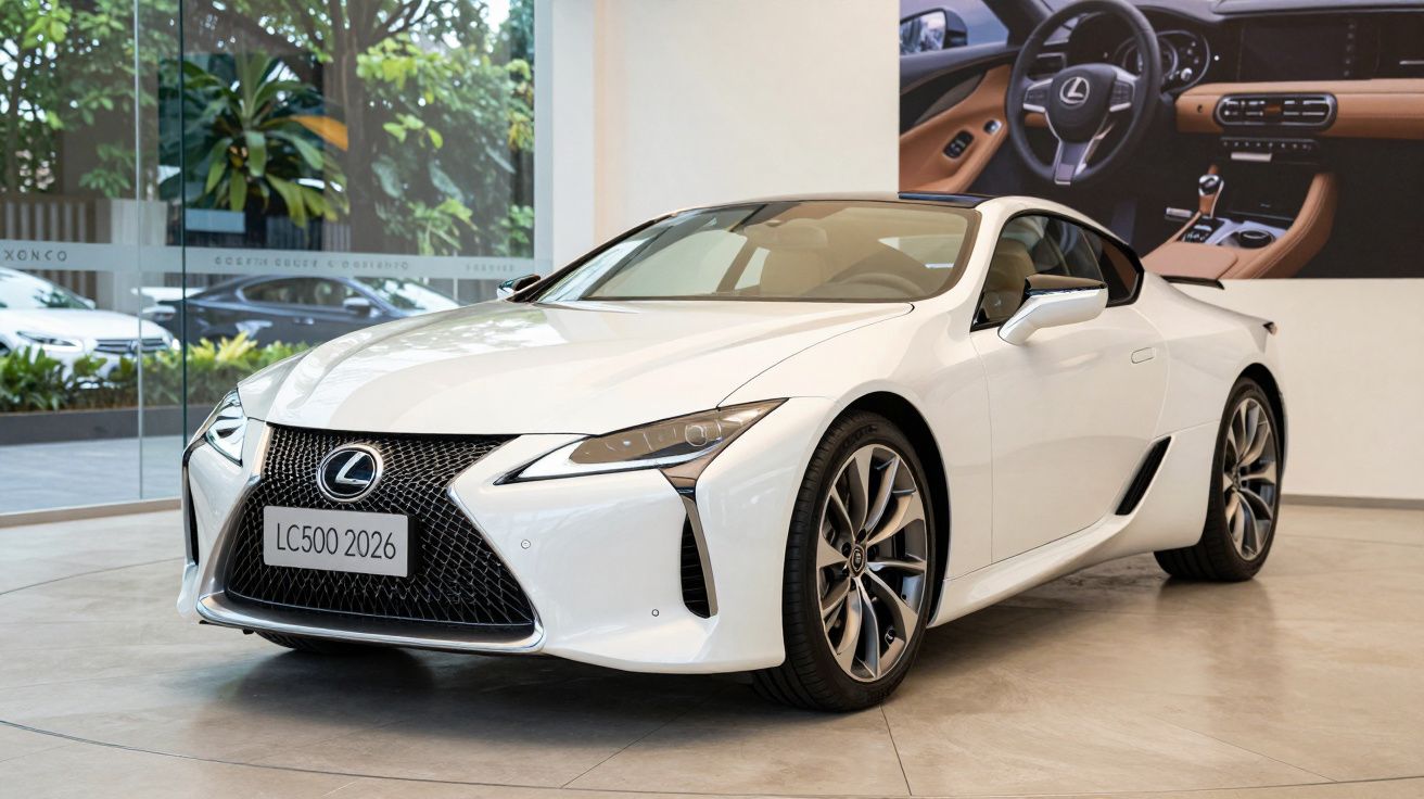 White Lexus LC 500 2026 displayed in a showroom with a poster of its interior on the wall.