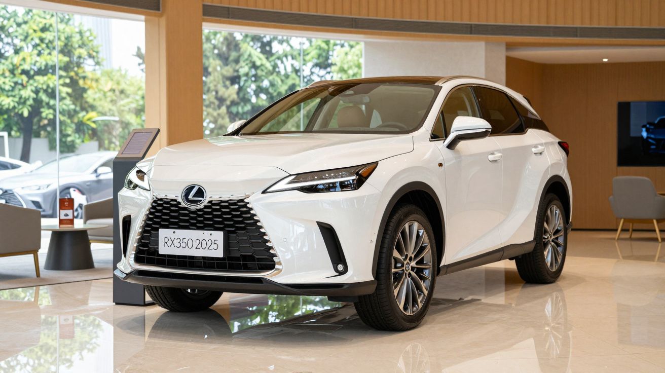 White Lexus RX350 2025 SUV displayed in a modern showroom with bright lighting and elegant interior design.