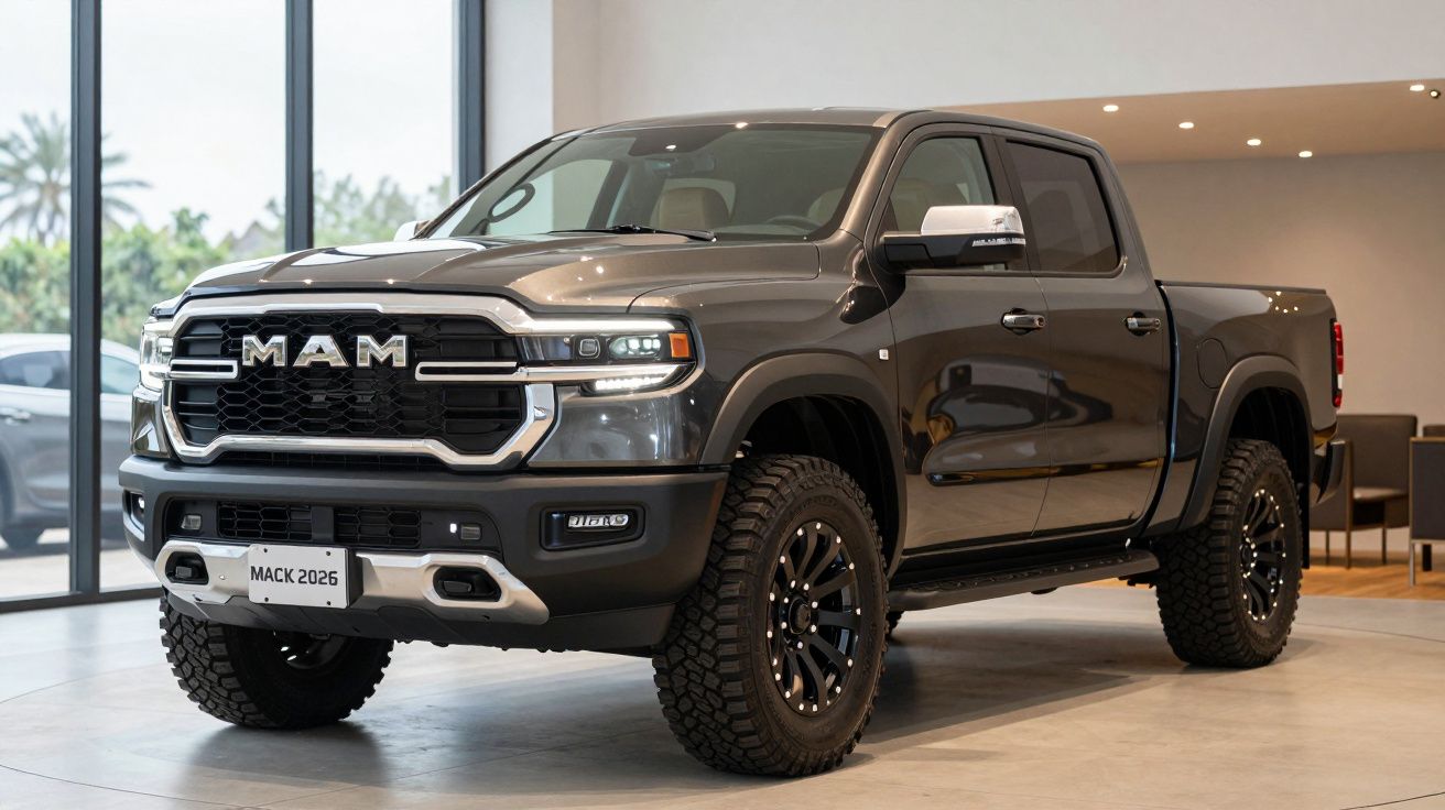 Gray MAM pickup truck displayed indoors, front and side view, with large tires and sleek design.