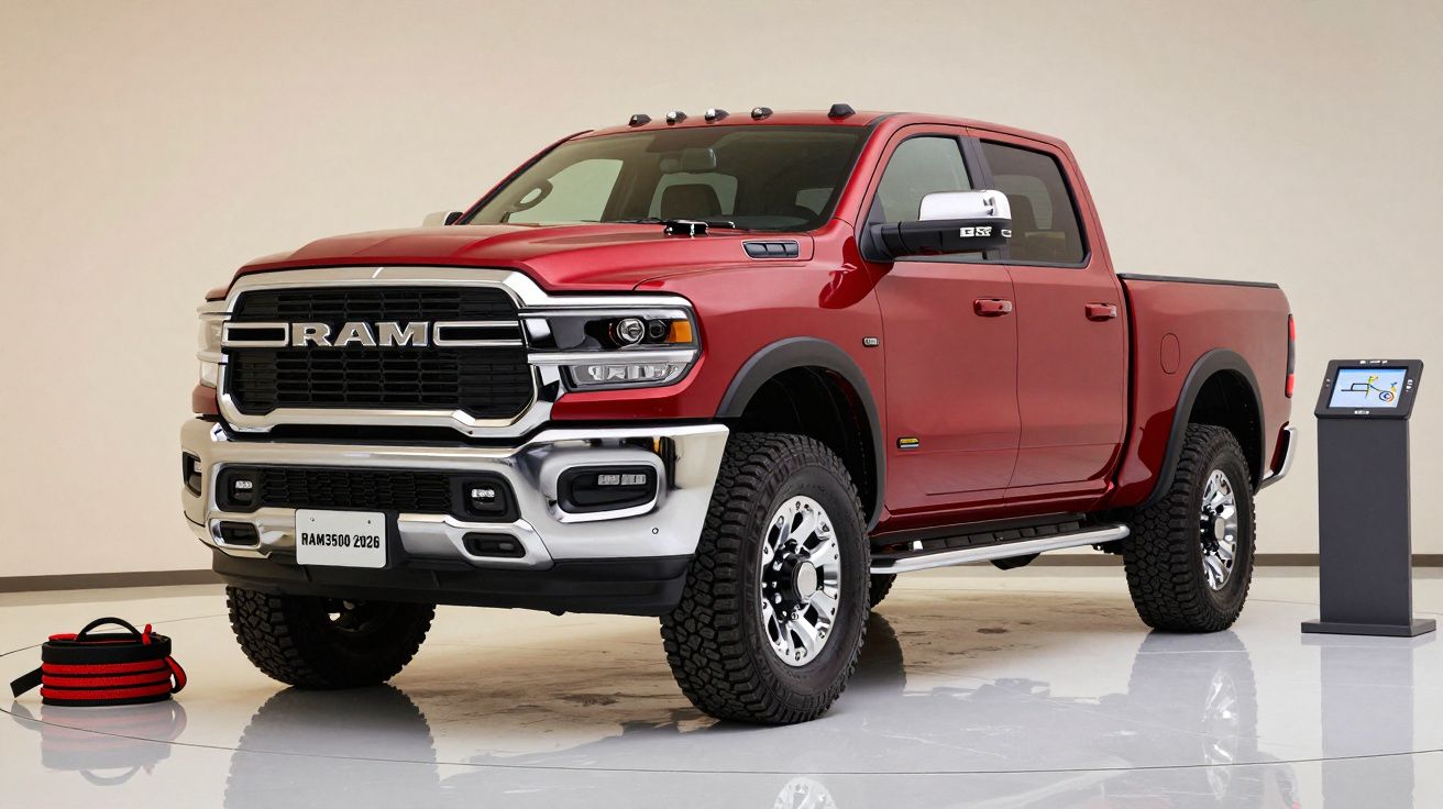 Red Ram 2500 Rebel pickup truck displayed indoors, with chrome accents and large tires, next to a pedestal and coiled cable.