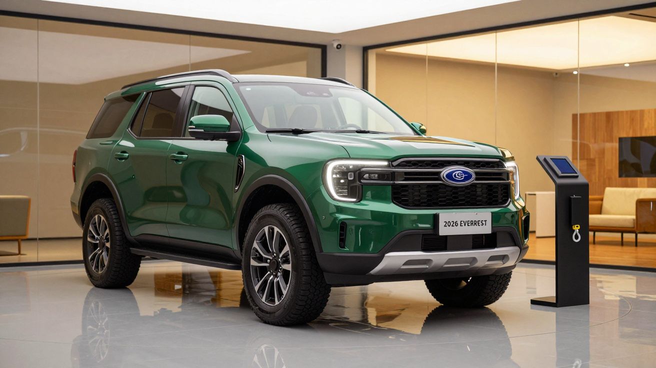 Green 2023 Ford Everest SUV displayed in a showroom with modern interior and informational stand.