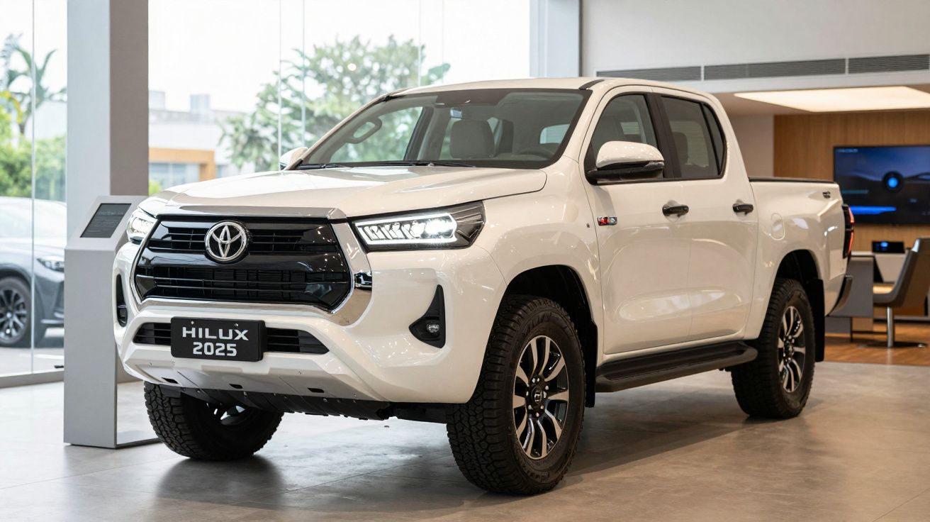 White 2025 Toyota Hilux pickup truck displayed in a showroom.