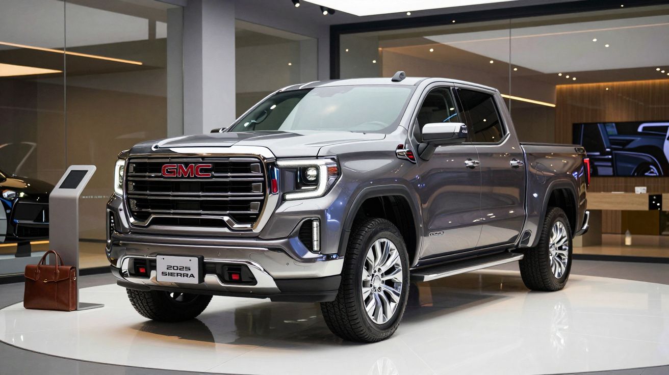 GMC Sierra 2024 pickup truck on display in a showroom with a sleek design and modern features.