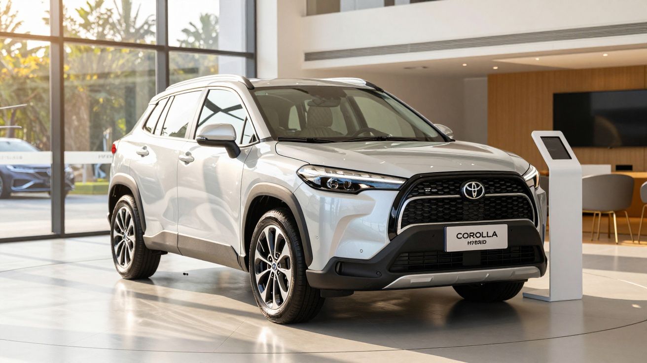 Silver Toyota Corolla Hybrid SUV displayed in a modern showroom with large windows.