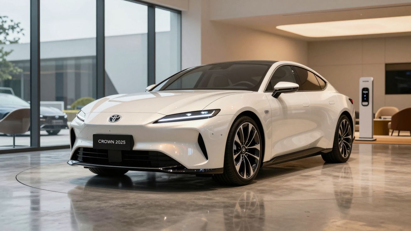 Sleek white car in a modern showroom with large windows, black wheels, and streamlined design. Toyota logo on front.